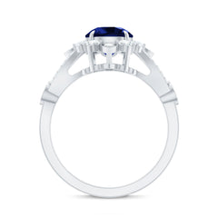 Certified 2.7 Carat Lab Grown Blue Sapphire Flower Engagement Ring with Diamond