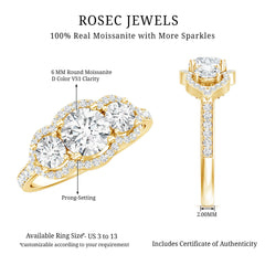 2 CT Certified Moissanite Three Stone Statement Engagement Ring