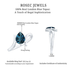6X8mm Pear Shape London Blue Topaz Solitaire Ring with Bypass Shank