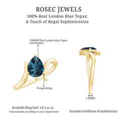 6X8mm Pear Shape London Blue Topaz Solitaire Ring with Bypass Shank