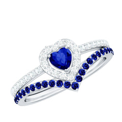 Certified Lab Grown Blue Sapphire Heart Engagement Ring Set with Real Diamond