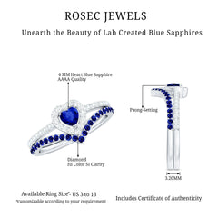Certified Lab Grown Blue Sapphire Heart Engagement Ring Set with Real Diamond