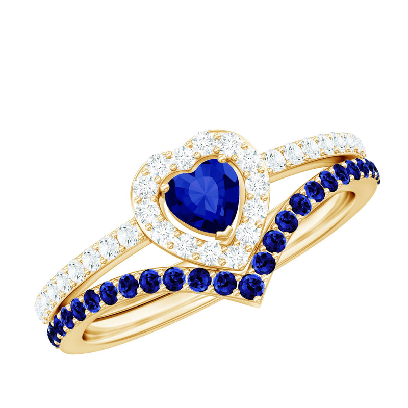 Certified Lab Grown Blue Sapphire Heart Engagement Ring Set with Real Diamond