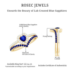 Certified Lab Grown Blue Sapphire Heart Engagement Ring Set with Real Diamond