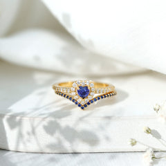 Certified Lab Grown Blue Sapphire Heart Engagement Ring Set with Real Diamond