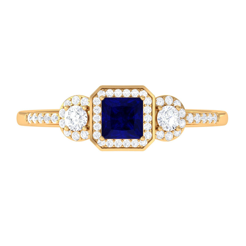 3/4 CT Princess Cut Blue Sapphire and Diamond Engagement Ring