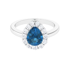 7x10mm Pear Shape London Blue Topaz Halo Engagement Ring with Diamond