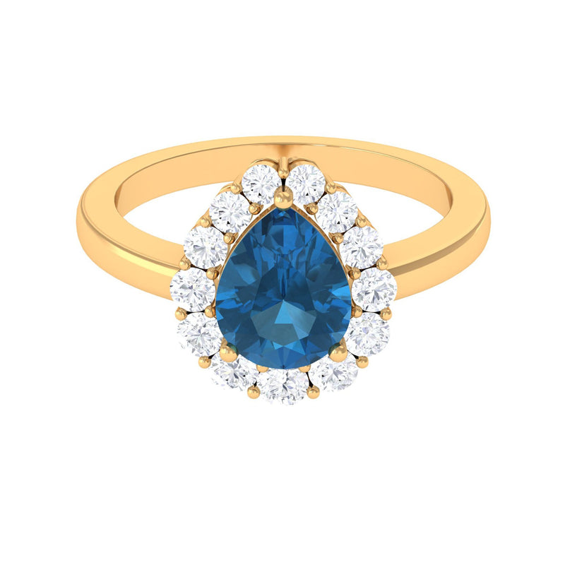 7x10mm Pear Shape London Blue Topaz Halo Engagement Ring with Diamond