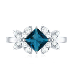 6mm Princess Cut London Blue Topaz Floral Engagement Ring with Diamond