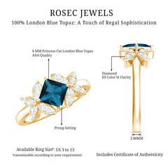 6mm Princess Cut London Blue Topaz Floral Engagement Ring with Diamond