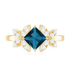 6mm Princess Cut London Blue Topaz Floral Engagement Ring with Diamond
