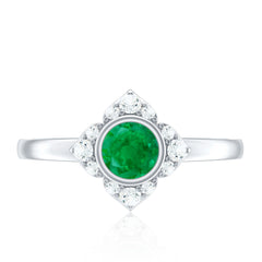 Natural Bezel Set 5mm Emerald Flower Engagement Ring with Diamond