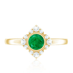 Natural Bezel Set 5mm Emerald Flower Engagement Ring with Diamond