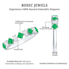 Certified Real Princess Cut Emerald Half Eternity Anniversary Ring