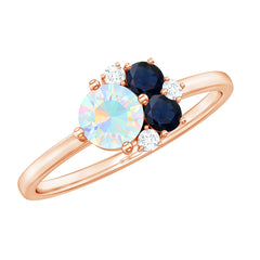 Genuine Ethiopian Opal and Sapphire Cluster Promise Ring with Moissanite