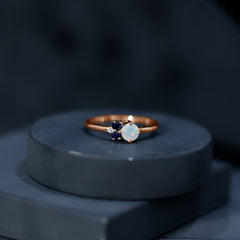 Genuine Ethiopian Opal and Sapphire Cluster Promise Ring with Moissanite
