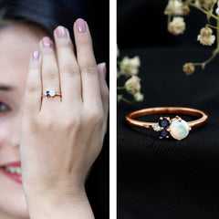 Genuine Ethiopian Opal and Sapphire Cluster Promise Ring with Moissanite