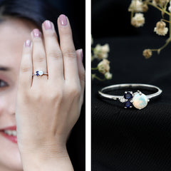 Genuine Ethiopian Opal and Sapphire Cluster Promise Ring with Moissanite