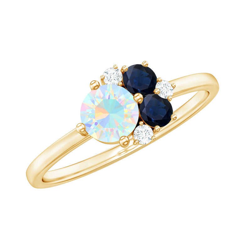 Genuine Ethiopian Opal and Sapphire Cluster Promise Ring with Moissanite