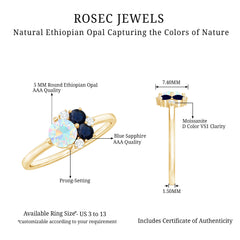 Genuine Ethiopian Opal and Sapphire Cluster Promise Ring with Moissanite