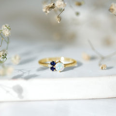 Genuine Ethiopian Opal and Sapphire Cluster Promise Ring with Moissanite