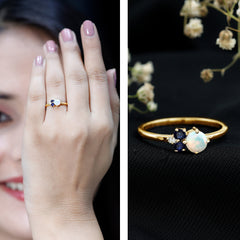 Genuine Ethiopian Opal and Sapphire Cluster Promise Ring with Moissanite