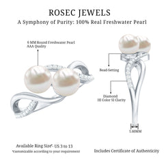 Genuine Freshwater Pearl Toi Et Moi Crossover Ring with Diamond
