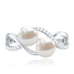 Genuine Freshwater Pearl Toi Et Moi Crossover Ring with Diamond