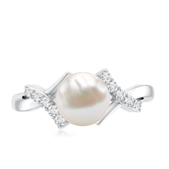 Freshwater Pearl Solitaire Crossover Engagement Ring with Diamond