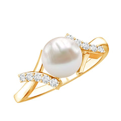 Freshwater Pearl Solitaire Crossover Engagement Ring with Diamond