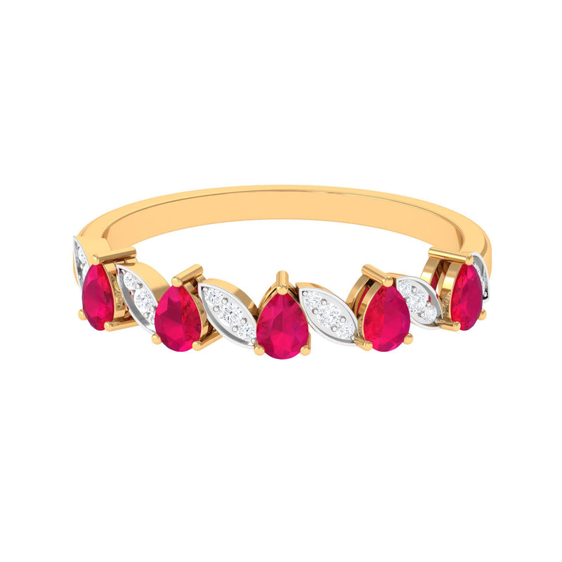 Real Pear Shape Ruby Half Eternity Ring with Diamond for Women
