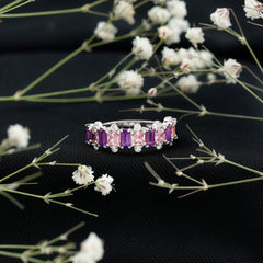 Elegant Amethyst and Created Pink Sapphire Half Eternity Band Ring with Diamond