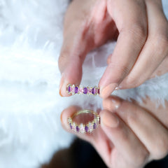 Elegant Amethyst and Created Pink Sapphire Half Eternity Band Ring with Diamond