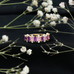 Elegant Amethyst and Created Pink Sapphire Half Eternity Band Ring with Diamond