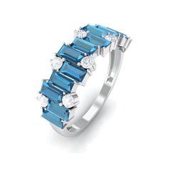 Baguette London Blue Topaz Uneven Eternity Ring with Moissanite