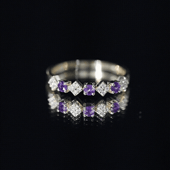 Round Amethyst and Diamond Semi Eternity Band Ring