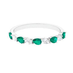 Natural Pear Shape Emerald Half Eternity Ring in East West Style