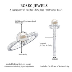 2.75 CT Classic Freshwater Pearl Promise Ring with Diamond Halo