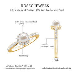 2.75 CT Classic Freshwater Pearl Promise Ring with Diamond Halo