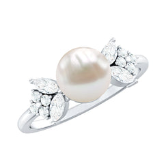 Nature Inspired Freshwater Pearl Solitaire Engagement Ring with Diamond Accent