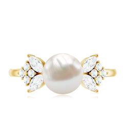 Nature Inspired Freshwater Pearl Solitaire Engagement Ring with Diamond Accent