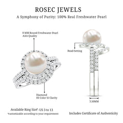 Freshwater Pearl and Diamond Halo Wedding Ring Set