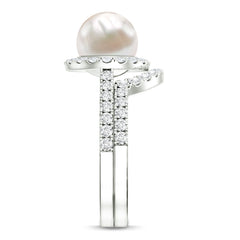 Freshwater Pearl and Diamond Halo Wedding Ring Set