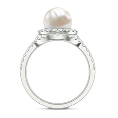 Freshwater Pearl and Diamond Halo Wedding Ring Set