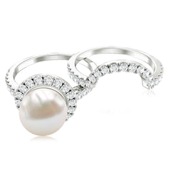 Freshwater Pearl and Diamond Halo Wedding Ring Set