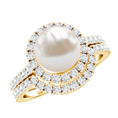 Freshwater Pearl and Diamond Halo Wedding Ring Set