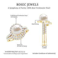 Freshwater Pearl and Diamond Halo Wedding Ring Set