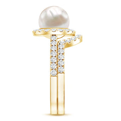 Freshwater Pearl and Diamond Halo Wedding Ring Set