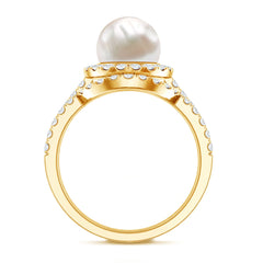 Freshwater Pearl and Diamond Halo Wedding Ring Set