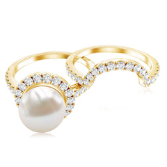 Freshwater Pearl and Diamond Halo Wedding Ring Set